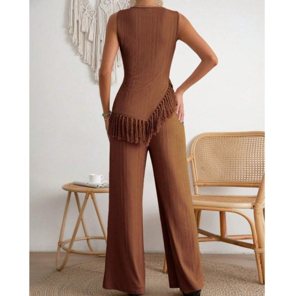 Brown Boho Womens Fringe Hem Tank Top & Wide Leg Pants - Picture 2 of 5